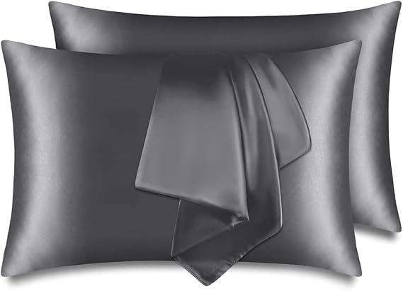 Pack of 2 Satin Cushion Covers for Hair and Skin, 100% Silky Luxury Satin Cushion Cover with Envelope Closure, Dark Grey Pillowcase, Soft and Breathable Cushion Covers, 50 x 70 cm