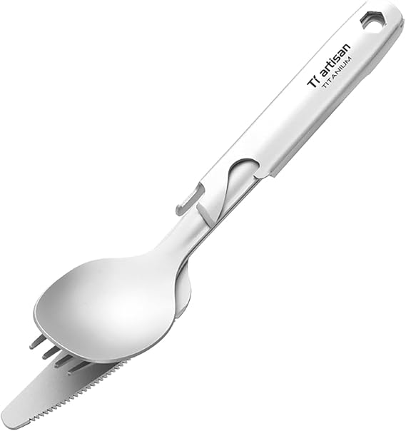 Ti artisan Titanium Spoon Fork Knife Bottle Opener Set, 4 Pieces Camping Flatware Tableware Set Lightweight Utility Cutlery Set Titanium Spork for Camping Travel Daily Use