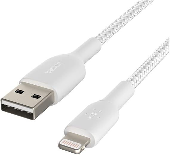 Belkin Örgülü Lightning Kablosu (iPhone, iPad, AirPod'lar için Boost Charge Lightning - USB Kablosu) MFi Sertifikalı iPhone Şarj Kablosu, Örgülü Lightning Kablosu (1 m, Beyaz)