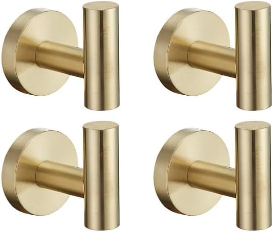 4 Pack Brushed Brass Hooks, SUS 304 Stainless Steel Heavy Duty, Screw in Wall Mounted, Gold Metal Hanger for Towel, Coat, Robe & Door, Ideal for Bathroom, Kitchen, Hotel & Home