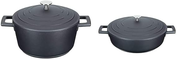 MasterClass Lightweight Casserole Dish with Lid, Cast Aluminium, Black, 2.5 Litre / 20 cm + MasterClass Shallow Casserole Dish with Lid, Lightweight Cast Aluminium, Black, 4 Litre / 28 cm