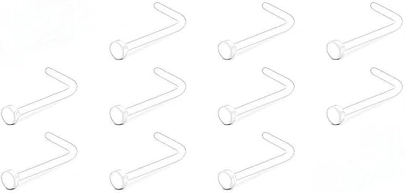 10 PCS Clear Nose Studs - L-Shaped Nose Piercing Rings - 20G 0.8mm Acrylic Invisible Nose Jewelry - Flat Top Bone Stud Retainers - Flexible Nose Retainers for School & Daily Wear