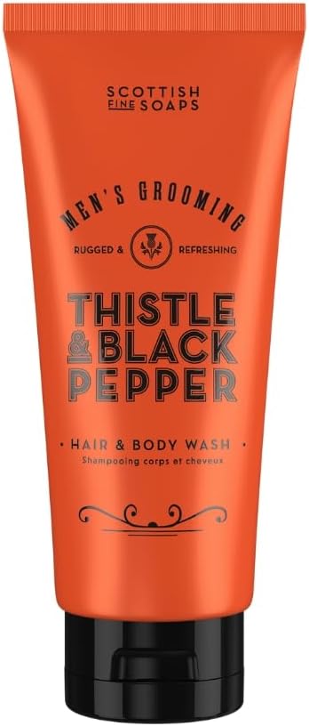 Scottish Fine Soaps Men's Grooming Thistle & Black Pepper Hair & Body Wash 200ml – Dual-Purpose Cleanser with Warm Woody Amber Scent
