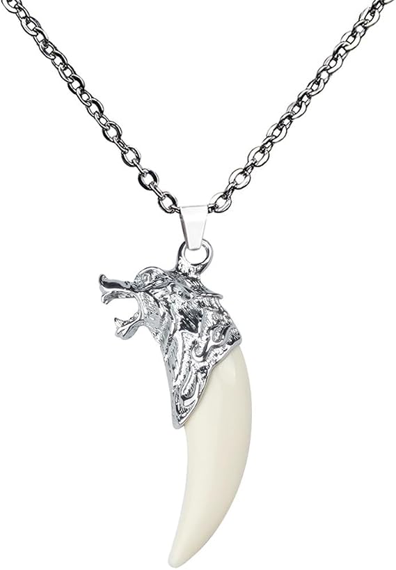 Wolf Tooth Necklace Stainless Steel and Resin Bruce Lee Wolf Tooth Ethnic for Women and Men Children and Fans，White