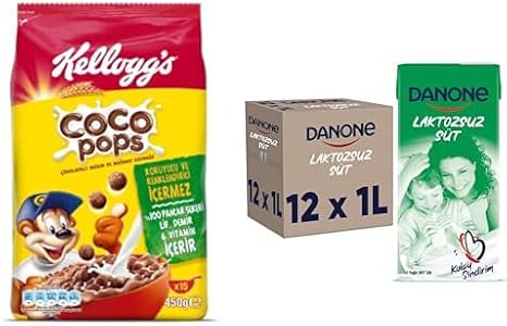 Kellogg's Coco Pops Çikolatalı Buğday ve Mısır Gevreği 450 Gr & Danone Laktozsuz Süt 1L (12 Adet)