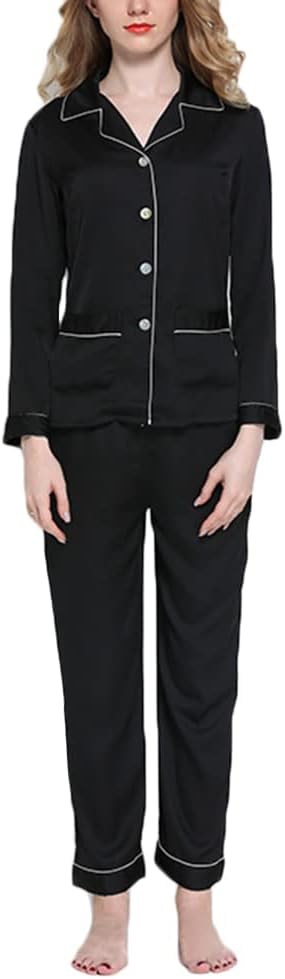 shownicer Women's Long Two-Piece Pyjamas Satin Sleepwear Sexy V Neck Christmas Party Plain Pyjama Set with Button Placket