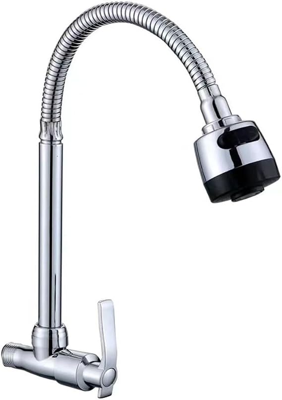Wall Mounted Kitchen Faucet Single Cold Water Tap with Flexible Hose Zinc Alloy Body Chrome Finish for Sink Mop Pool Cleaning