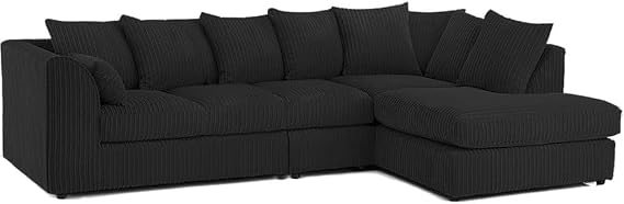 Modular 3+2 Settee Set - Elegant 4 To 5 Seater L Shape Left & Right Hand Corner Sofa - Comfy jumbo cord Scatter Back Sofas - Swivel Round Cuddle Chair for Living Room (Black, RH 5 Seater)