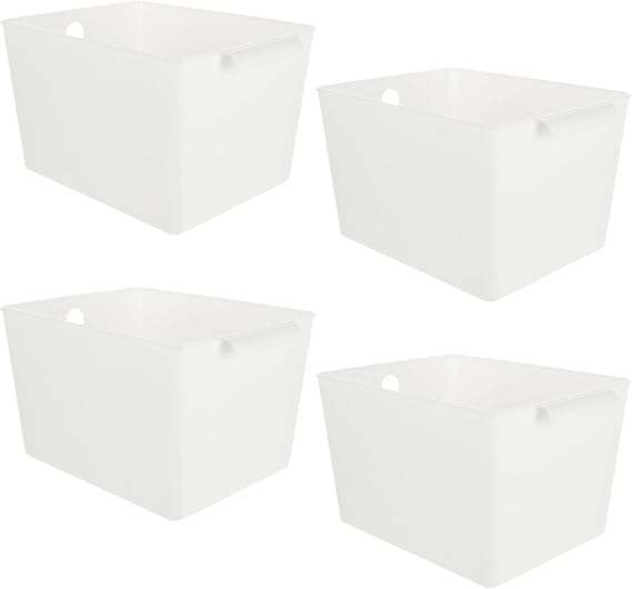 ASelected 4Pcs Plastic Storage Boxes With Handle White Box 26X19X15Cm Cupboard Storage Boxes Plastic Storage Basket Kitchen Cupboard Home And Office,White, Large