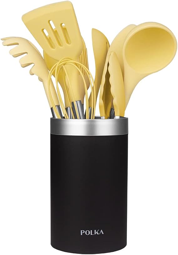 Cecotec Polka Experience Vulcan Silicone Kitchen Utensils Set of 9 Yellow Soft Touch Coated Steel Handle Materials: Silicone, Nylon and PP Includes Polka Holder