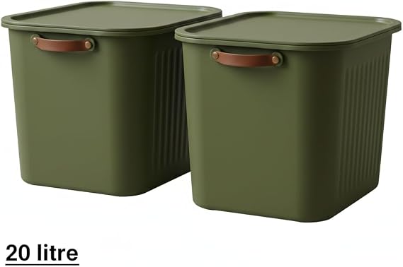 2 Adet Modern Kapaklı Büyük Boy Saklama Kutu Seti -20 Litre – Yeşil- Taşınabilir Kulplu, Dolap İçi Düzenleyici, Çok Amaçlı Organizer Kutu, Oyuncak & Kıyafet Kutusu