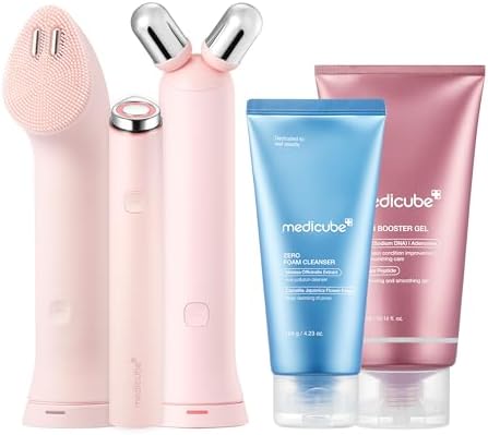 medicube 3 Step At-Home Skin Booster Set: Mini Booster Pro Plus Full Facial Device Set (Pink), PDRN Booster Gel and Zero Foam Cleanser