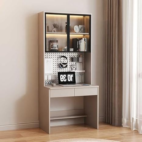 Modern Computer Desk with Glass Door,Study Writing Table with Storage Drawers & Pegboard,Gaming Desk Workstation with Storage Cabinet for Home Office(100cm(39inch), White)