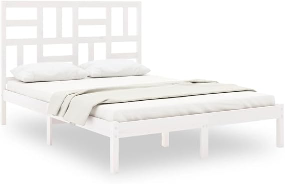 Solid Pine Wood Bed Frame 160x200 cm with Headboard, White Finish, Sturdy Slatted Support, No Mattress Included