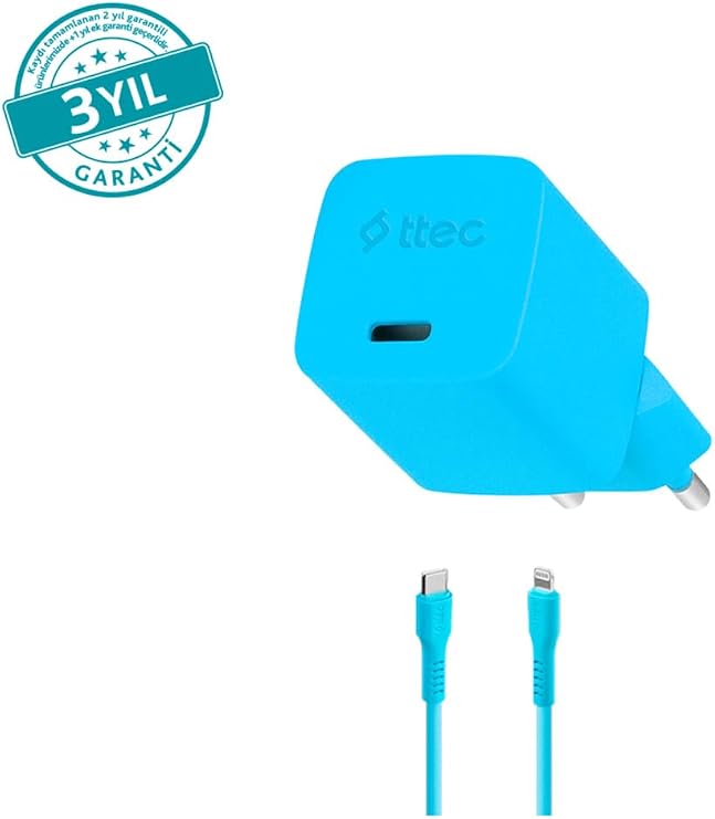 TTEC SmartCharger GAN 20W PD Seyahat Hızlı Şarj Aleti + USB-C - Lightning 120cm Kablo Neon Mavi