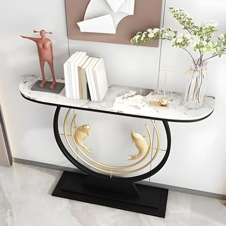 (en:Glam Stone/Metal Entrance Table Modern Abstract Console Table for Living Room & Entrance, Brown 47" L x 12" W x 31" H)