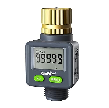Rainpoint Water Flow Meter with Brass Inlet 180° Screen Flip Garden Hose Flow Meter Measures up to 999.9 Gallons per Liter and Flow Rate for RV Garden Hose Sprinkler Nozzle Sprayer