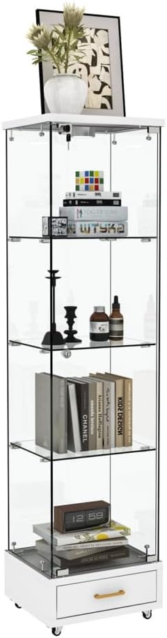 Glass Display Cabinet with LED Lighting & Drawers | Tempered Glass Storage Shelf with Lock | Living Room Bedroom 1 Door 4 Tier White White Parallel Import