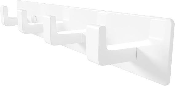 White Coat Rack Wall Mount - 32cm Rail with 4 Right-Angle Hooks(1 Pack)