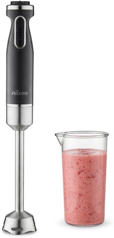 Nilson Life Hand Blender, 1000 W Maximum Power, Blades with 4 Blades, Mixing, Shredding, Chopping and Emulsifing, Multiple Speeds, Manual Control, Turbo Function, Cup 0.6 L, NHB10001AP, 1 M Cable
