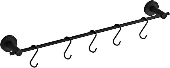 Kitchen Utensil Rack with 5 Hooks,Wall Mounted Hanger & Organizer for Knives, Pots, Pans, Bags, Utensils & Bathroom Towel Bar, 22 Inch/55.2 CM, Black Stainless Steel, YIGUANXIN