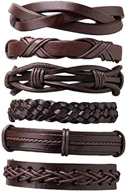 6PCS/SET Multilayer Men Solid Color PU Leather Braided Bracelet Casual Bracelet Bangles Jewelry Best Birthday Gift