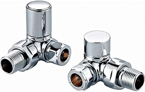 Round Corner Angled Chrome Valve Set - Heated Towel Rail/Radiator Block Valves (Twin Pack) with Round Metal Handles and QUALITY chrome finish