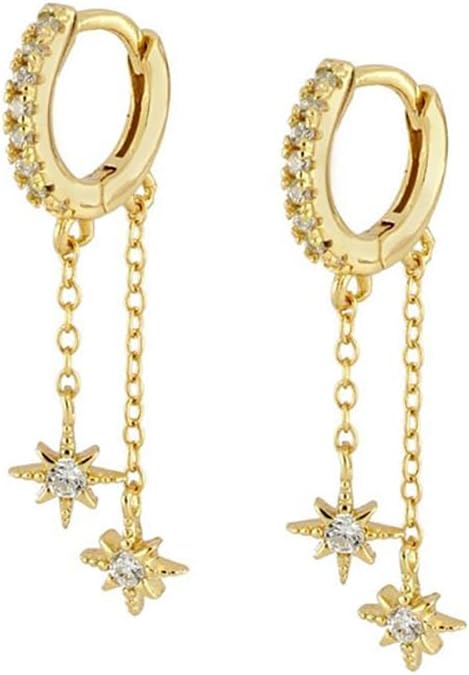 Double Star CZ Chain Dangle Drop Small Hoop Earrings for Women Cartilage Dainty Sterling Silver Post Cubic Zirconia Huggie Hoops Hypoallergenic Hooped Fashion Jewelry Gifts
