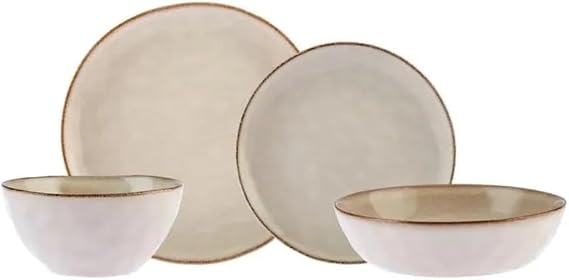 Karaca Aria 24-Piece Stoneware Dinner Set, Plates and Bowls Set for 6 People, Reactive Glaze Dinnerware with Side & Dinner Plates, Pasta/Cereal/Soup Bowls (Beige)