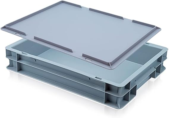 Plastic Stacking EURO Storage Container, 6L, 400 x 300 x 75mm, Heavy-Duty, Grey (Box with Lid)