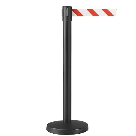 Retractable 3m Belt Barriers Single Pack - Heavy-Duty Steel Stanchion, Concrete Base for Queue & Crowd Control - Freestanding Durable Retractable Safety Barrier (Red/White Tape, Black Frame)