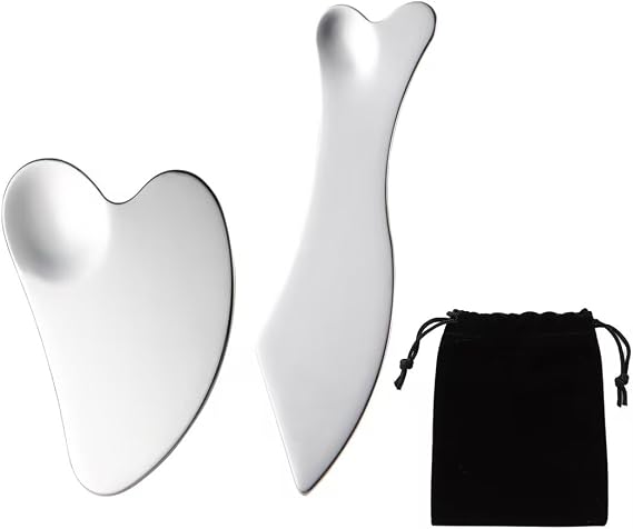 Gua Sha Set, 2-Pack Stainless Steel Guasha Tool with Velvet Storage Bag, Metal Gua Sha for Lymphatic Drainage, Jawline Sculpting & Full-Body Massage, Face Sculpting Tool for Skincare (Silver)