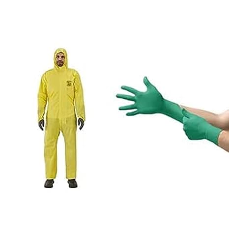 Ansell AlphaTec 2300 Model 132, Disposable Work Overall with Hood, Yellow TouchNTuff 92600VP Disposable Nitrile Gloves, Green, Size L (20 Gloves)