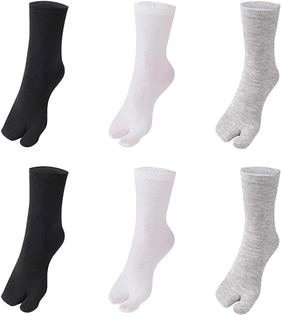 6Pairs Split Toe Socks For Women Japanese Geta Cotton Socks Tabi Flip Flop Socks Elastic Cotton Split Toe Socks (2*White+2*Grey+2*Black)