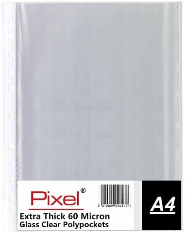 Pixel® A4 60 Micron Glass Clear Transprent Strong Punched Polypockets Poly Pockets Plastic Wallet Sleeve (Pack of 100)