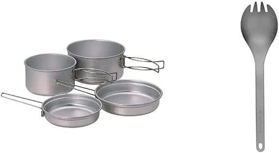 Snow Peak Multi Compact Cook Set, Japanese Titanium, Ultralight and Compact for Camping and Backpacking & SCT-004 Titanium Spork, Lightweight, Silver