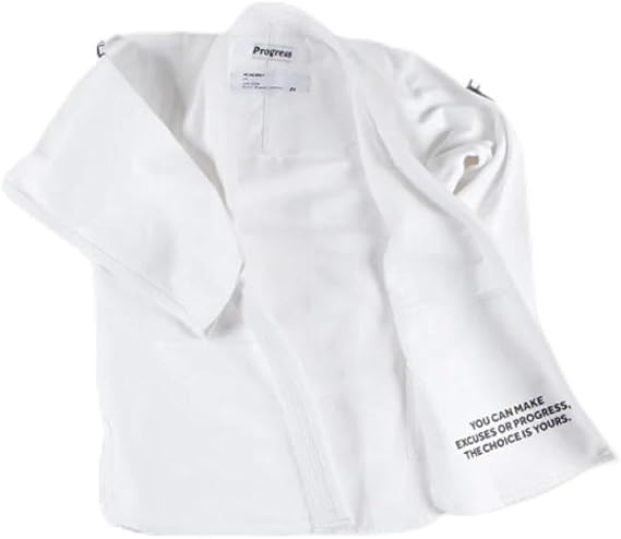 Progress Jiu Jitsu Academy Gi | Lightweight BJJ Gi with Free White Belt | BJJ Kimono for Men & Women | Tear-Resistant Jiu Jitsu Kimono for Training & Competition | Women's & Men's Kimono (White, A1L)