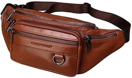 Leather Fanny Pack Waist Bag for Men Women Outdoor Travel Hiking Camping Walking Running Hip Bum Belt Slim Cell Phone Purse Wallet Pouch, Brown