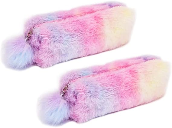 2 PCS Plush Rainbow Pencil Case for Girls - Fluffy Cute Holder, Soft Bag, Makeup Pouch, Colored Storage Bags - Large Capacity School Supplies for Kids
