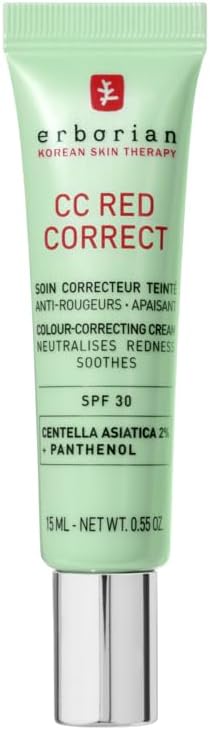Erborian - CC Red Correct - Anti Redness Tinted Face Cream with Centella Asiatica Panthenol and Bisabolol - Green Neutralizing Shade with SPF 30 - Light Coverage - 15ml - Korean Cosmetic