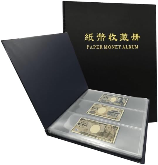 3 Rows 60 Slots Multi-Colour Optional Paper Money Collection Album Banknote Display Storage Album with Transparent Background Sheets (Black)