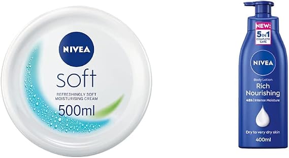 NIVEA Soft Moisturising Cream (500ml), A Moisturising Cream for Face, Body and Hands with Vitamin E and Jojoba Oil & Rich Nourishing Body Lotion (400ml)