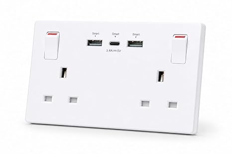 Double Switched Wall Plug Socket with USB-C & USB-A, 13A 2-Gang, 25W Combined Output, Screwless White (Use a 35mm-Deep Back Box)