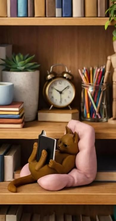 Razmo Kitap Okuyan Kedi pembe yastıklı Obje Torpido Süsü ve Masaüstü Dekoru Ev Dekorasyonu Hediye Alternatifi