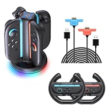 TRANSNOVO Charging Dock and 2-Pack Steering Wheels and Joycon Charger Cables for Nintendo Switch 2 2025 Joycons
