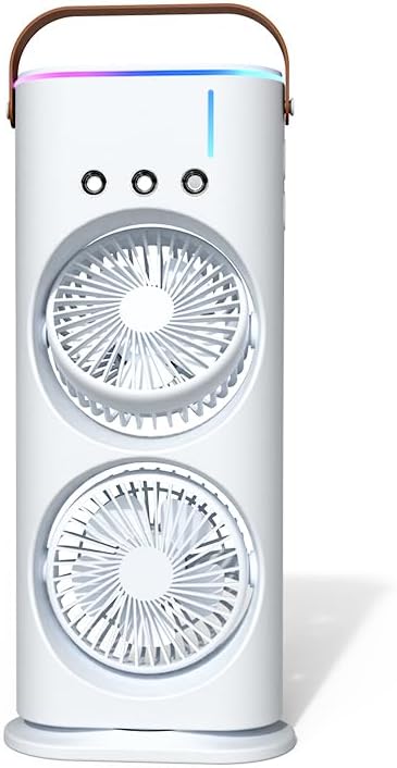 Çift Başlıklı Su Püskürtmeli Vantilatör – USB Şarjlı Mist Fan, Mini Klima Etkili Masaüstü Soğutucu, 3 Kademeli Hız, LED Işıklı Air Cooler
