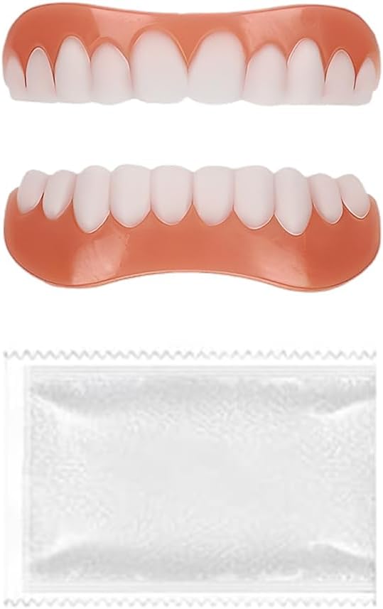 2 Pairs False Teeth Set Full Dentures Braces Whitening Cosmetic Tooth Covering Snap on Smile Teeth Cosmetic Veneers Teeth Temporary Dentures,Top and Bottom Contains Teething Gel