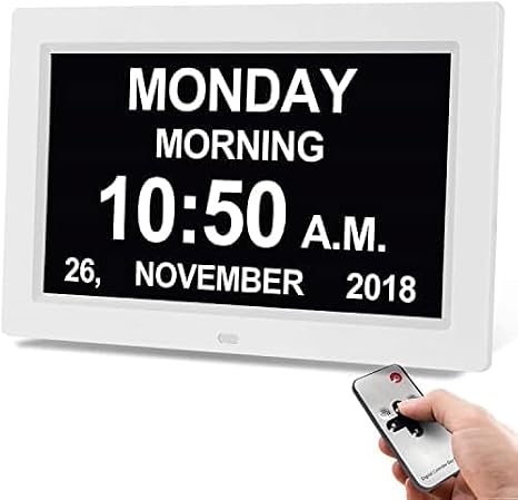 Auto Dimmable Calendar Day Clock Digital Photo Frame HD Display 12 Alarms Extra Large Impaired Vision Digital Clock,with Remote Control,for Alzheimer Seniors And Children,White,7inch,Sensational42