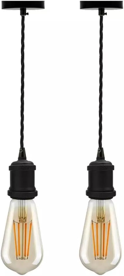 2 Pack Black E27 Pendant Light Fitting with 2m Adjustable Twisted Cable [Energy Class A+]