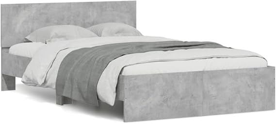 Concrete Grey Bed Frame without Mattress 120x200 cm Engineered Wood Platform with Plywood Slats Support Headboard for Bedroom Guest Room Living Room